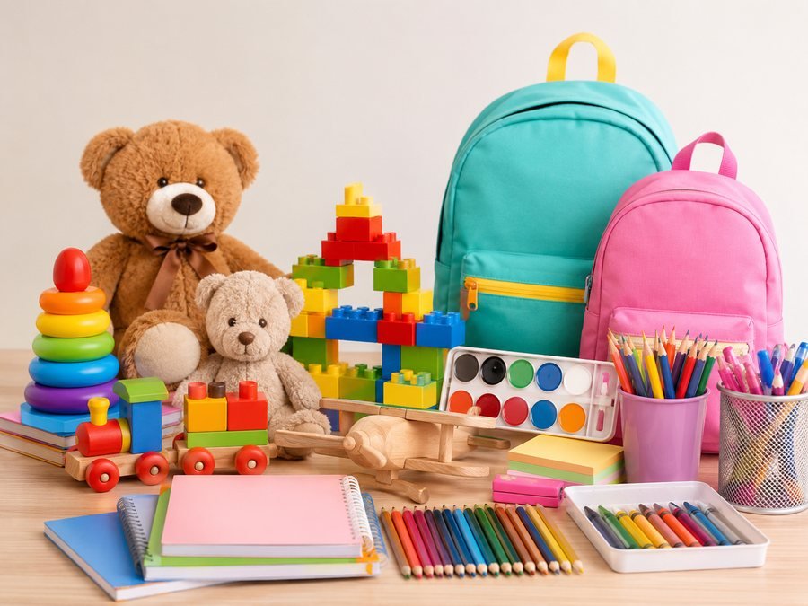 Brinquedos, mochilas e material escolar
